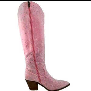Pink Glitter Heeled  Suede Boots with Western Style